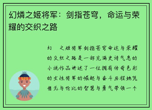 幻燐之姬将军：剑指苍穹，命运与荣耀的交织之路
